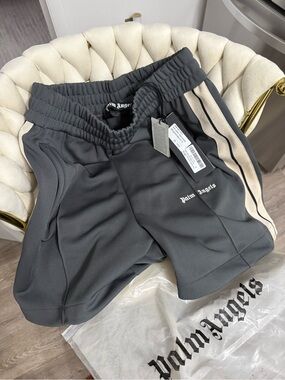 Palm Angels Charcoal Track Shorts with Cream Side Stripe